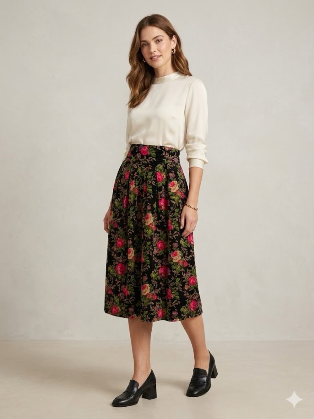 HERMAN GEIST VINTAGE VELVET COTTON Floral Midi Skirt